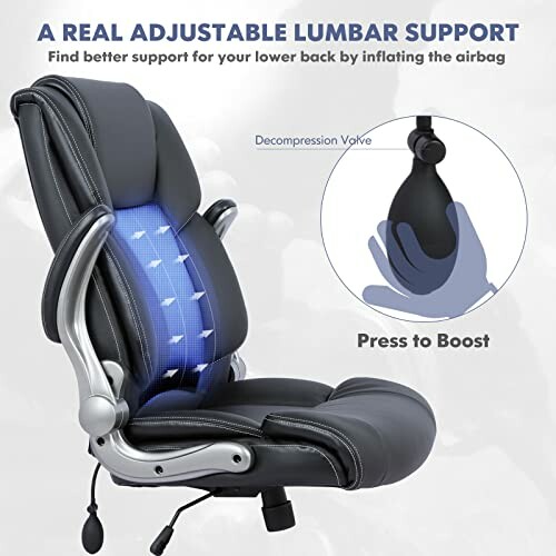 Office chair with adjustable lumbar support and decompression valve.