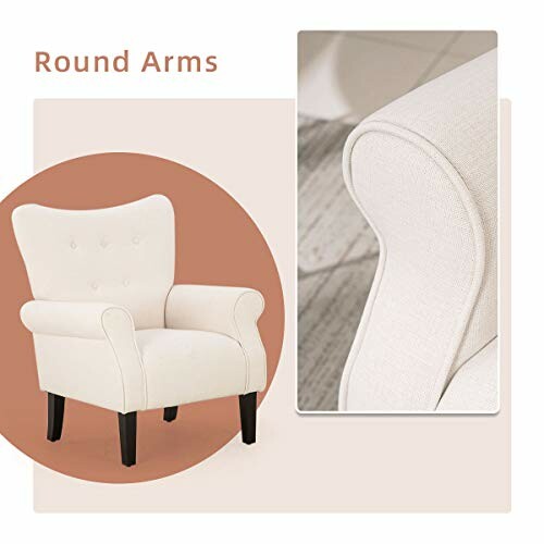 Beige armchair with round arms and black legs.