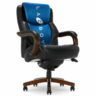 Black and blue office chair with wooden armrests