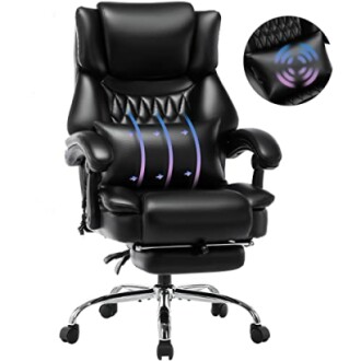 Black ergonomic gaming chair with lumbar support and footrest