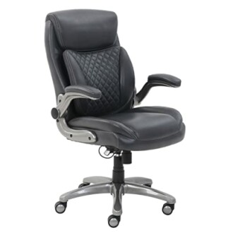 Black leather office chair with armrests and wheels