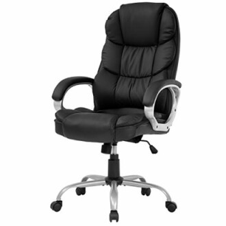 Black leather office chair with padded armrests and swivel base