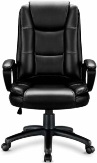 Black leather office chair with armrests and wheels