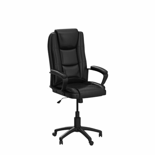 Black leather office chair with armrests and swivel base