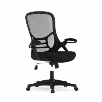 Black mesh office chair with adjustable armrests and swivel base.