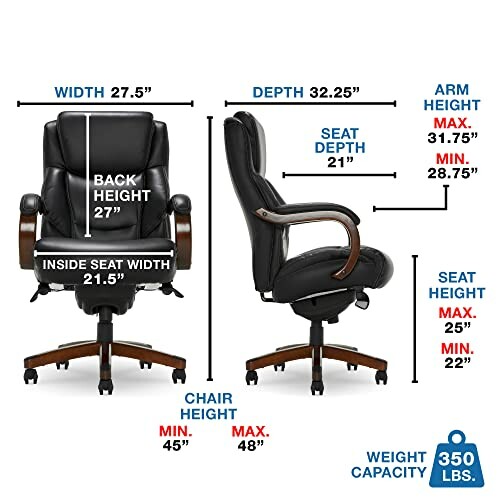 Black office chair with dimensions labeled including width, depth, and weight capacity.