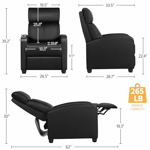 Black recliner chair with dimensions and weight capacity.