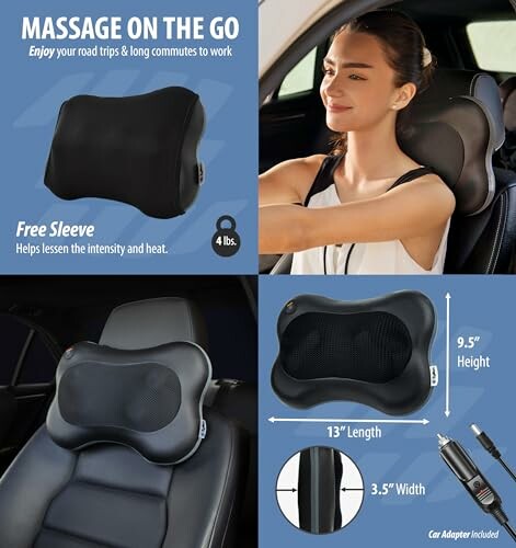 Car seat massage pillow with dimensions and car adapter, used by a woman while driving, for a convenient massage experience on the go.