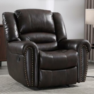 Dark brown leather recliner chair with nailhead trim