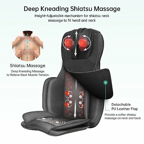 Deep kneading shiatsu massage chair with adjustable neck mechanism and detachable PU leather flap.