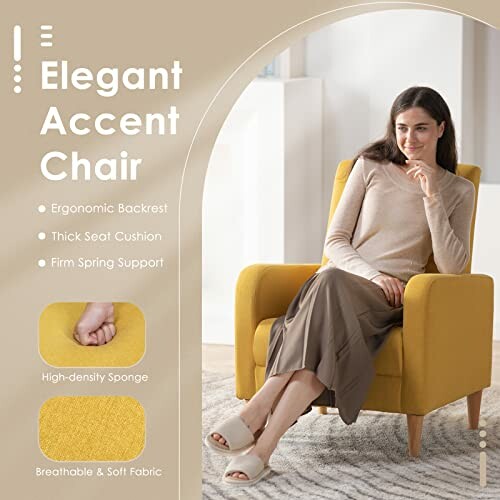 Woman sitting on a yellow accent chair with ergonomic backrest and soft fabric.