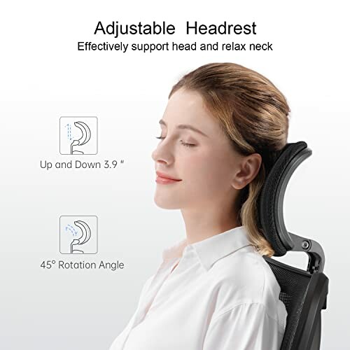 Woman using an ergonomic chair with adjustable headrest.