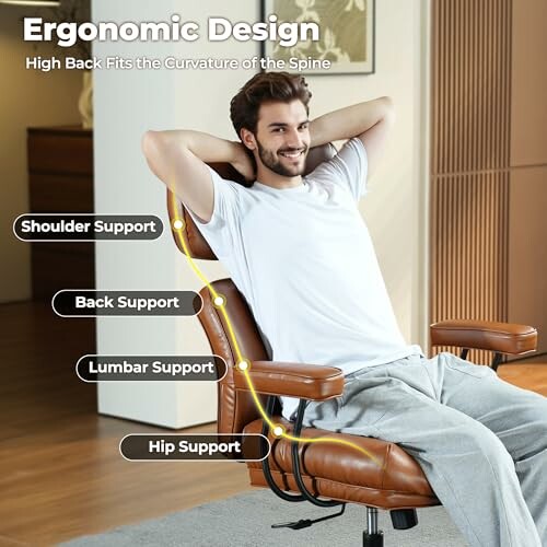 Man sitting in ergonomic chair demonstrating shoulder, back, lumbar, and hip support.