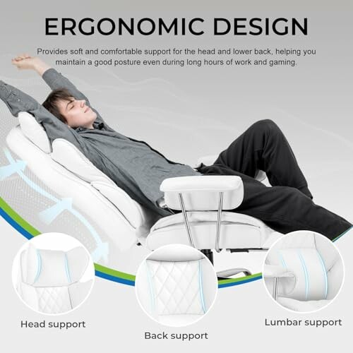 Person reclining on ergonomic chair with head, back, and lumbar support.