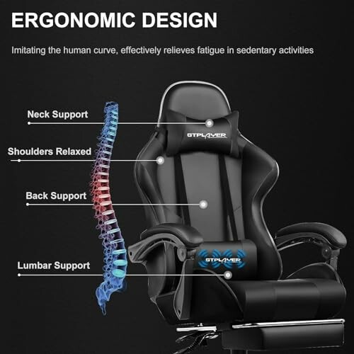 Ergonomic gaming chair with lumbar and neck support.