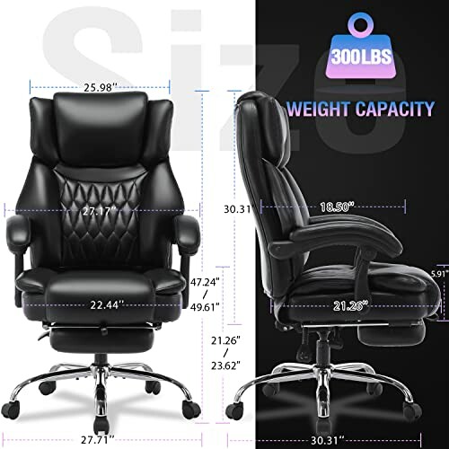 Black ergonomic office chair with weight capacity and dimensions displayed