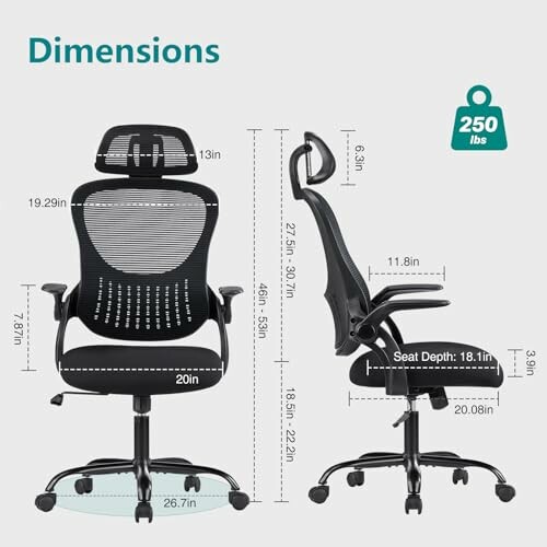 Dimensions of an ergonomic office chair with weight capacity of 250 lbs.