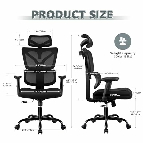 Ergonomic office chair with headrest, showing dimensions and weight capacity.