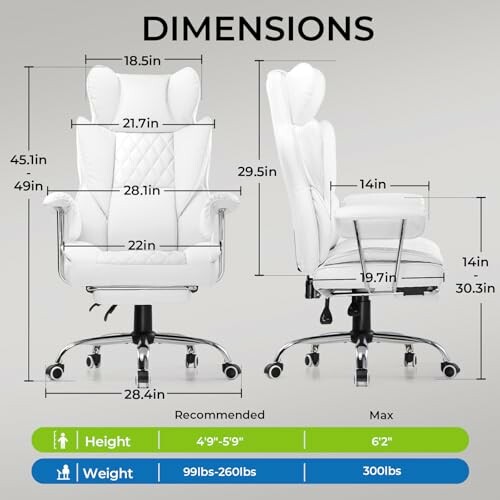 Dimensions of a white ergonomic office chair with measurements and weight capacity.