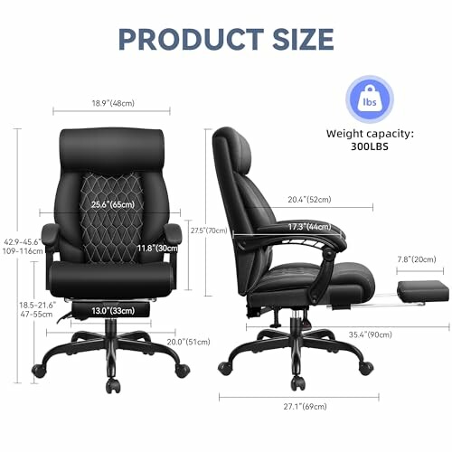 Office chair dimensions and weight capacity illustration.