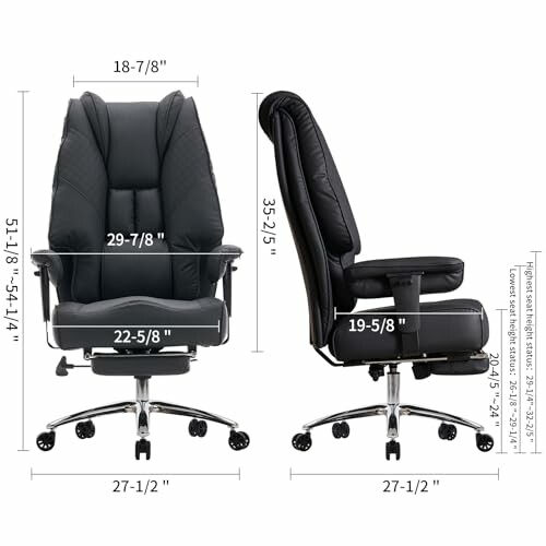 Ergonomic office chair with dimensions labeled, side and front view.