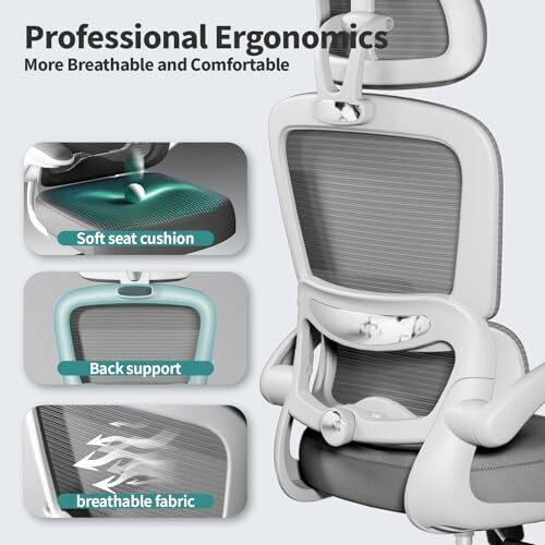 Ergonomic office chair highlighting soft seat cushion, back support, and breathable fabric.