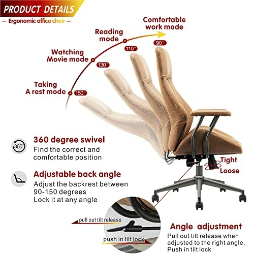 Ergonomic office chair with adjustable features including swivel, back angle, and tilt lock.