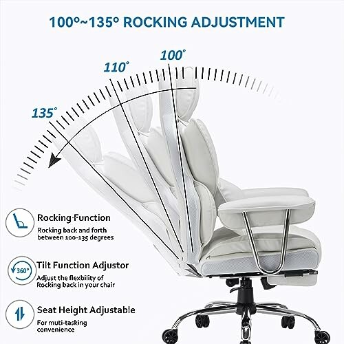 Ergonomic office chair with 100 to 135-degree rocking adjustment, showcasing rocking function, tilt adjustor, and seat height adjustability.