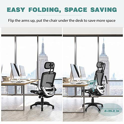 Ergonomic office chair with adjustable arms for space saving.