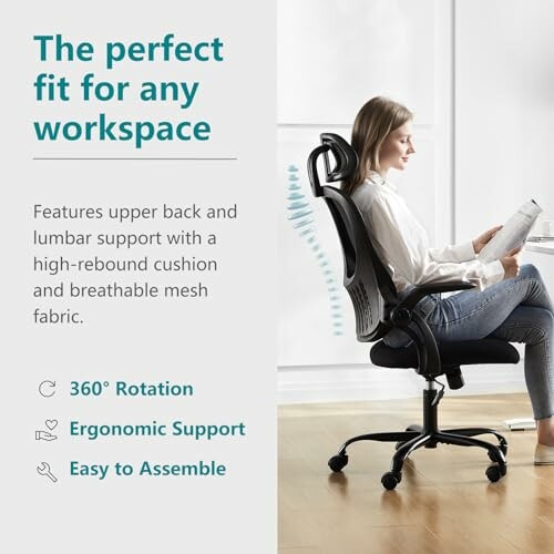 Woman sitting on ergonomic office chair with lumbar support and mesh fabric.