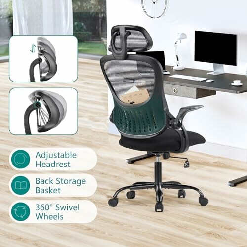 Ergonomic office chair with adjustable headrest and back storage in a modern workspace.