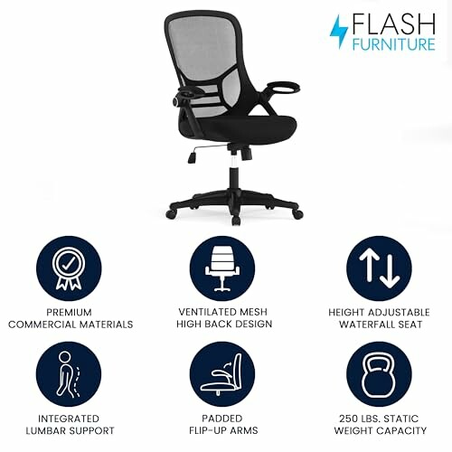 Ergonomic office chair with features listed: commercial materials, mesh high back, adjustable seat, lumbar support, flip-up arms, 250 lbs capacity.