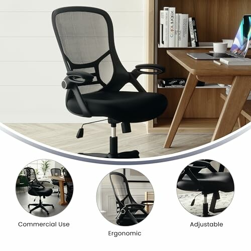 Ergonomic black office chair with adjustable features near a wooden desk.