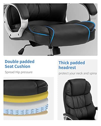 Ergonomic office chair with double padded seat cushion and thick padded headrest.