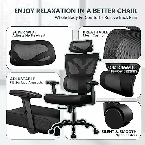 Ergonomic office chair with adjustable headrest, breathable mesh cushion, lumbar support, PU armrests, and nylon castors.