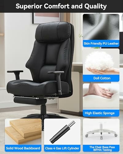 Ergonomic office chair with features like PU leather, doll cotton, high elastic sponge, solid wood backboard, gas lift cylinder, and BIFMA tested base.