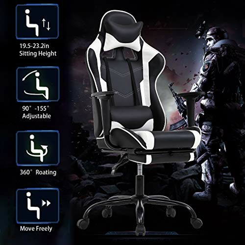 Black and white gaming chair with adjustable features shown alongside a soldier graphic