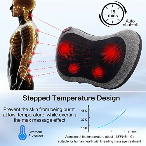 Heated massage pillow with stepped temperature design and auto shut-off feature.