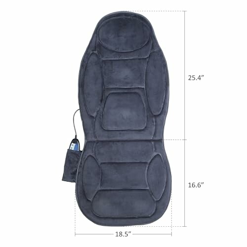 Black massage cushion with dimensions and remote control pouch.