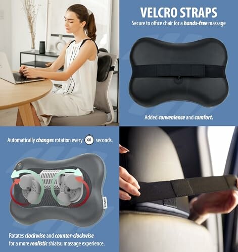 Massage pillow with velcro straps for office chair, showing convenience and comfort features, for a great massage experience at home or on the go.