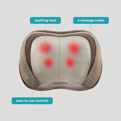 Homedics massage pillow with soothing heat and four massage nodes. The pillow is shown on a table, with the heat and massage nodes visible.