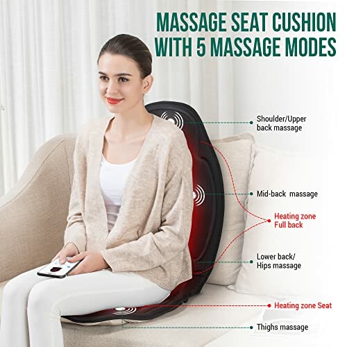 Woman using a massage seat cushion with 5 massage modes.