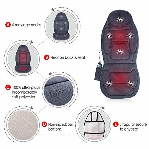 Massage seat cushion with heat, plush polyester, non-slip bottom, and securing straps.