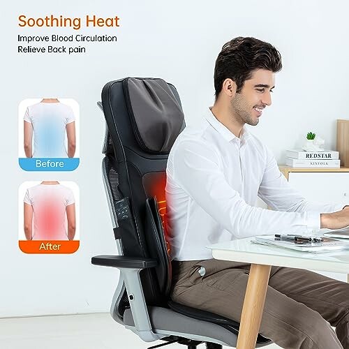 Man using massage seat cushion with heat function at desk.