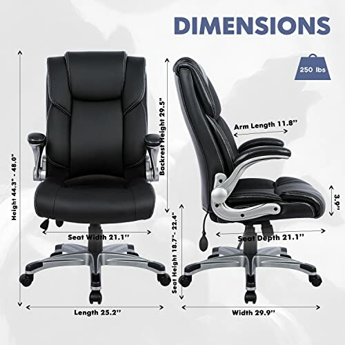 Office chair with dimensions and weight capacity.