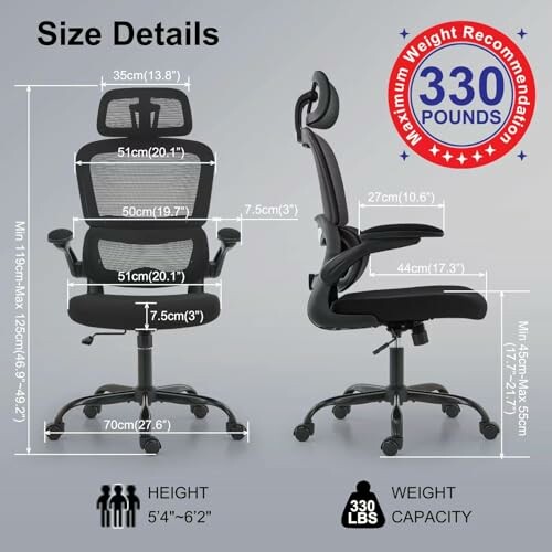 Ergonomic office chair with size dimensions and 330-pound weight capacity