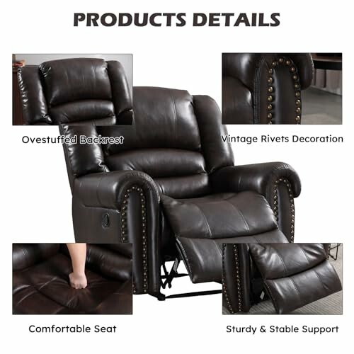 Recliner chair with overstuffed backrest, vintage rivets, comfortable seat, and sturdy support.