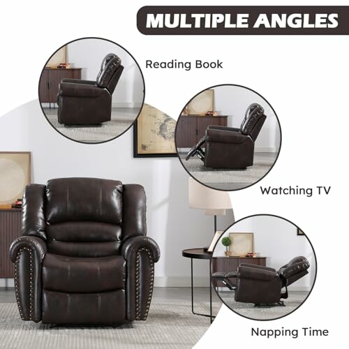 Recliner chair showcasing multiple angles for reading, watching TV, and napping.