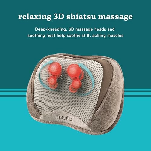 Shiatsu massage pillow with 3D massage heads and heat. The pillow is shown on a table, with the heat and massage heads visible.