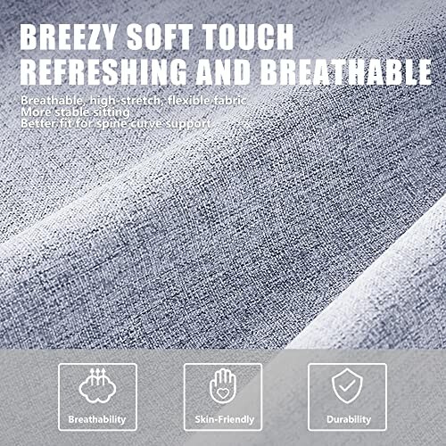 Close-up of soft, breathable fabric with text highlighting its features.